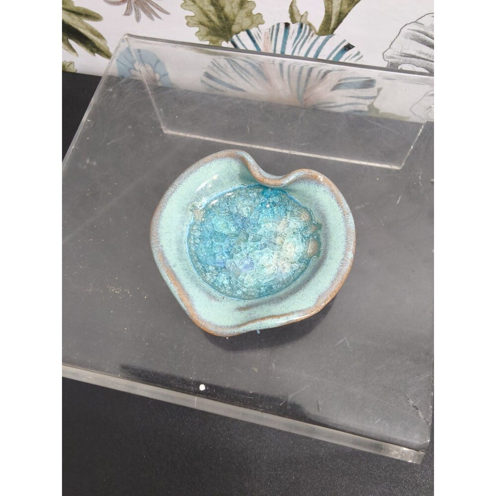 Small Handcrafted Ceramic trinket dish with melted blue crackle glass center